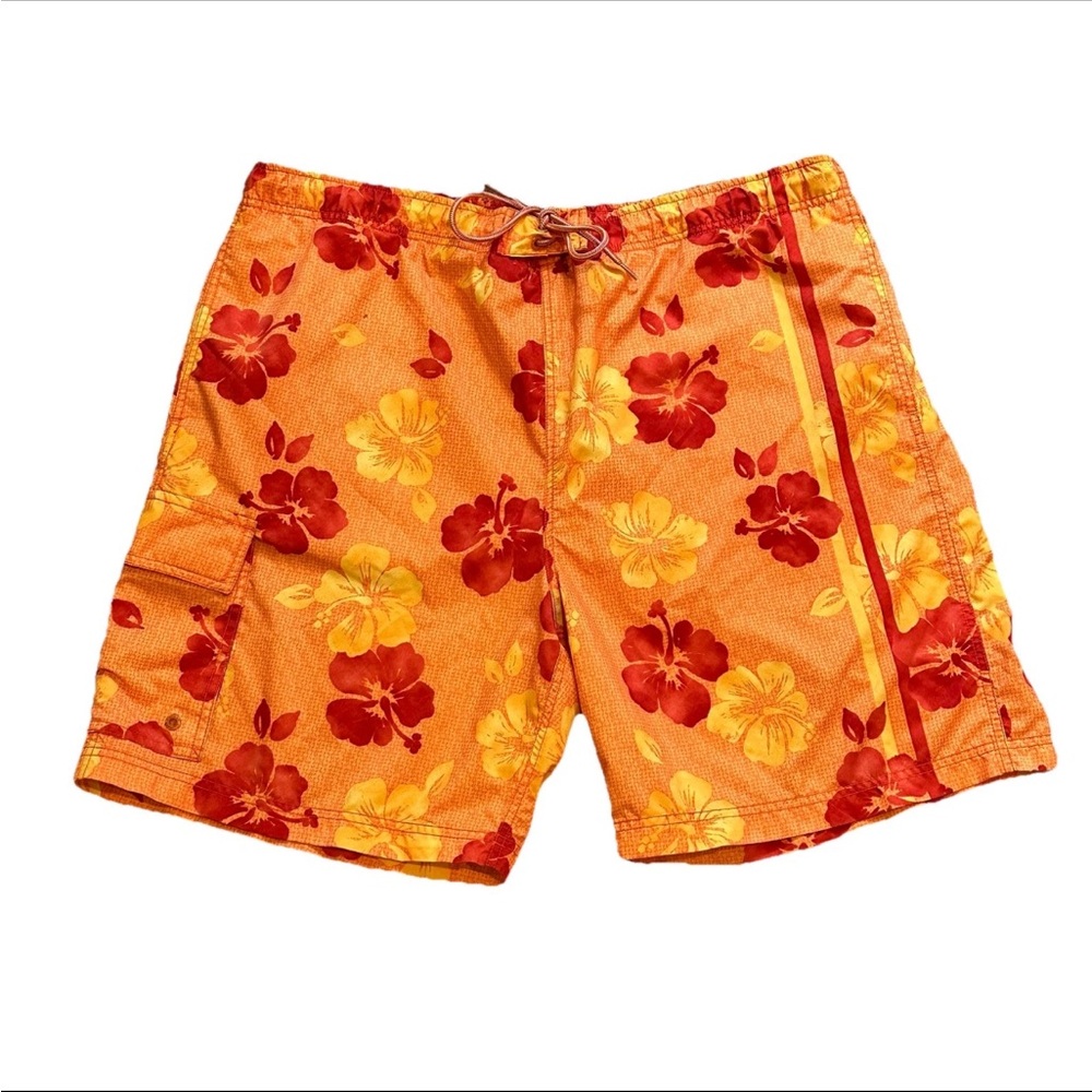 NAUTICA Men's Sz XL Red & Orange Swim Trunks Board Shorts Mesh Lined Flowers